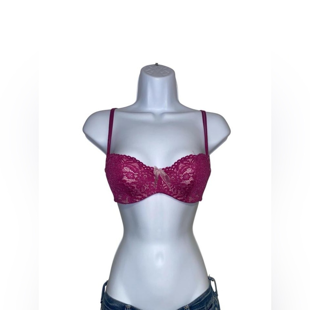 Purple lace bra with pink bow